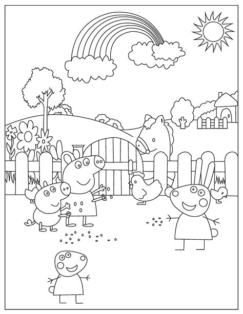 pep the pig coloring page with pigs and rainbows in the background, as ...