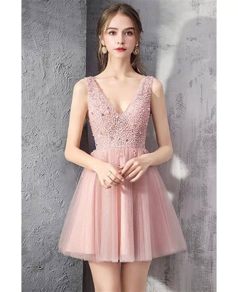 Rose Pink Tulle Short Prom Dress Vneck With Bling Sequins #DM69051 ...