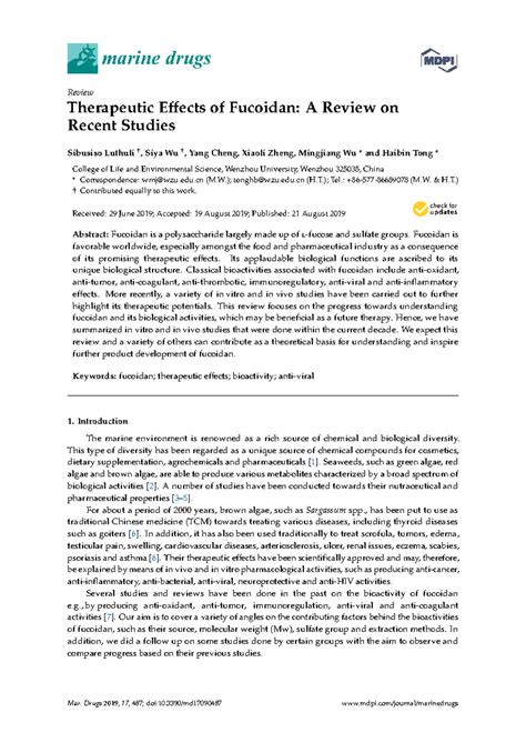 Therapeutic Effects of Fucoidan A Review on Recent - marine drugs ...