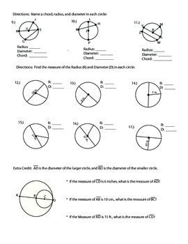 Circle Worksheets Chord Diameter Radius