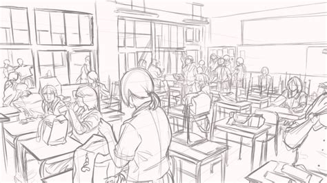 Anime classroom, Background drawing, Perspective sketch