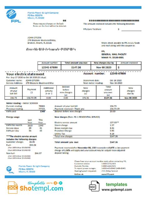 USA Florida Power & Light Company (FPL) electricity utility bill | Bill ...