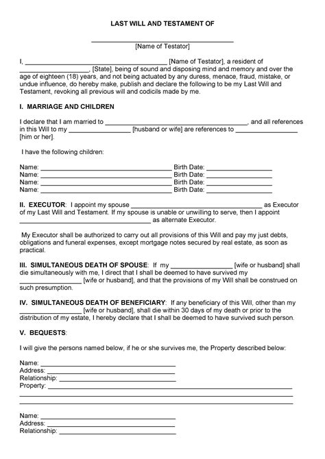 Free Printable Last Will And Testament Forms For Florida - Printable ...