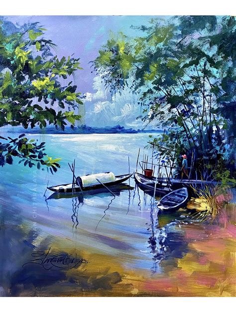 Boat on The Lake | Acrylic Painting | Exotic India Art