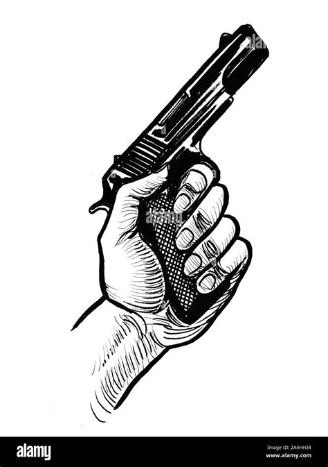 Hand holding a gun. Ink black and white drawing Stock Photo - Alamy