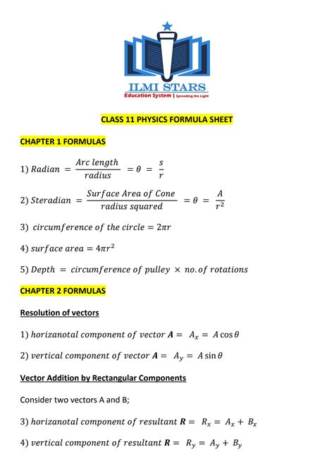 SOLUTION: Class 11 physics formula sheet - Studypool