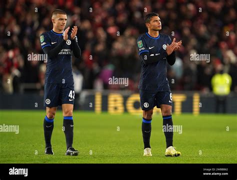 Chelsea's Alfie Gilchrist (left) and Thiago Silva applaud the fans ...