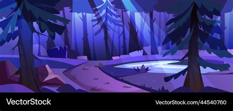 Cartoon night forest landscape with pond trees Vector Image