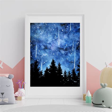 Blue Starry Night Sky| Watercolour art Print | Galaxy, forest ...