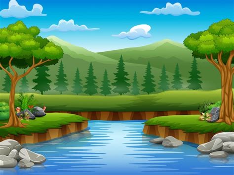 River cartoons in the middle beautiful natural scenery | Premium Vector