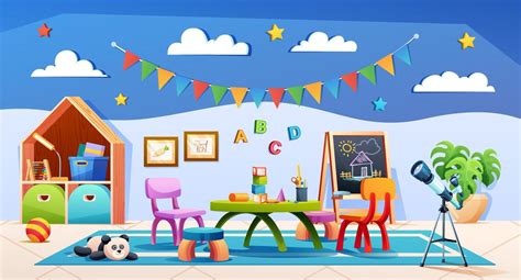 Kids playroom interior with furniture and equipment for games and ...