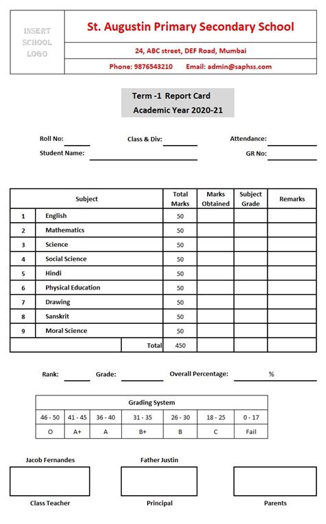 Report Card Template Excel