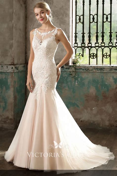 Classic Blush Lace Satin and Tulle Illusion Mermaid Dropped Waist ...