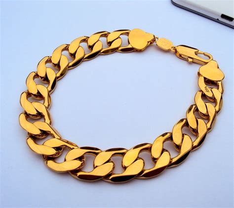 2017 24k Gf Stamp Yellow Real Gold 9 12mm Mens Bracelet Curb Chain Link ...