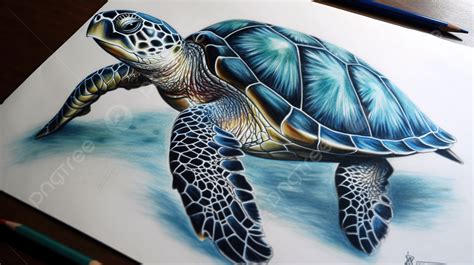 Colored Pencil Drawing Of Sea Turtle In Blue Background, Sea Turtle ...