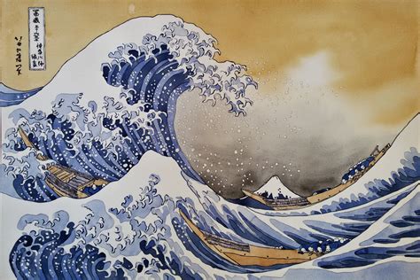 The Great Wave off Kanagawa Reproduction, Original Watercolor 34x50 Cm ...