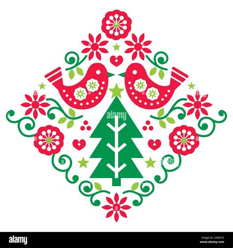 Christmas Scandinavian folk art vector pattern with birds and flowers ...