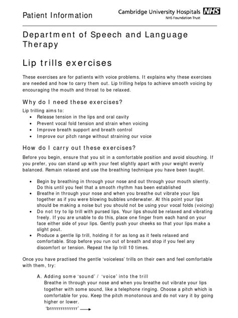 Lip Trills Exercises: Department of Speech and Language Therapy | PDF ...