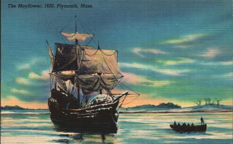 Vintage Linen Postcard Depiction of the Mayflower 1620 Plymouth ...