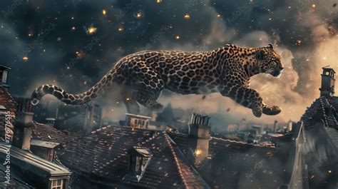 Leopard sprinting across rooftops under a comet-streaked sky Stock ...