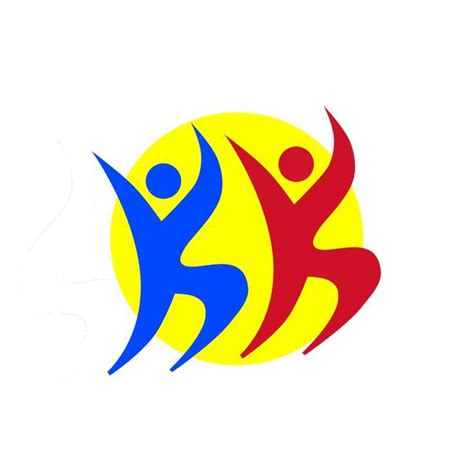 two people holding hands in front of a yellow and blue logo