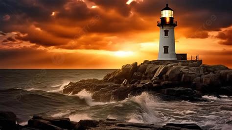 Lighthouse Sitting Above The Ocean During Sunset Background, Beautiful ...