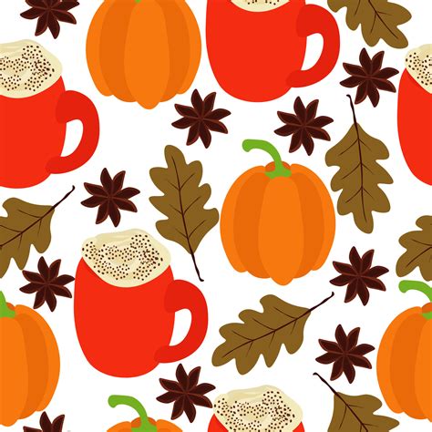 Pumpkin spice latte seamless pattern, bright cups and autumn elements ...