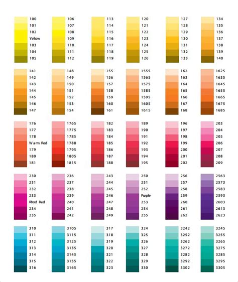 color chart with different shades and numbers for each one in the table ...