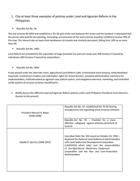 Policies under Land and Agrarian Reform in the Philippines - 1. Cite at ...