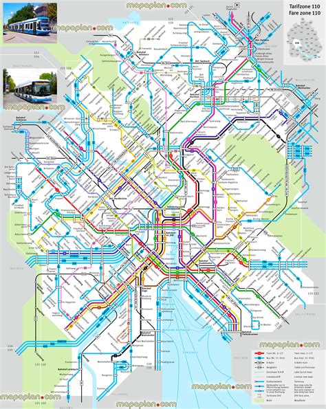 Zurich top tourist attractions map - Map of Zurich tram & bus - Public ...