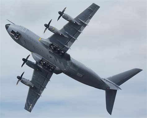 Airbus A400M Atlas viewed from below, showing its landing gear down and ...