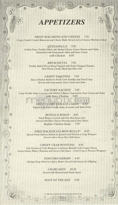 Menu of The Cheesecake Factory in Syracuse, NY 13204