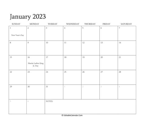 Download January 2023 Editable Calendar With Holidays (Word Version)