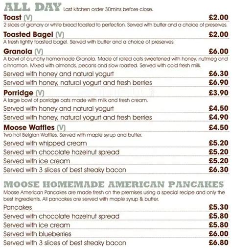 Menu at Moose Coffee restaurant, Manchester, 20 York St