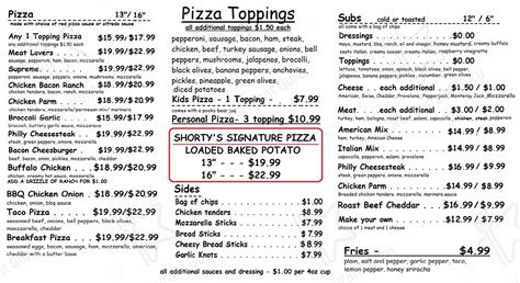 Menu at Shorty's Pizza and More pizzeria, Aransas Pass