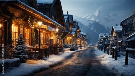 Snowy mountain village with Christmas lights , Background Image,Desktop ...