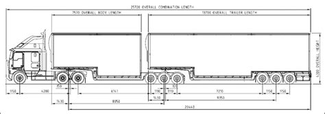 Typical dimensions, of a B-double truck-trailer vehicle. Lengths are in ...