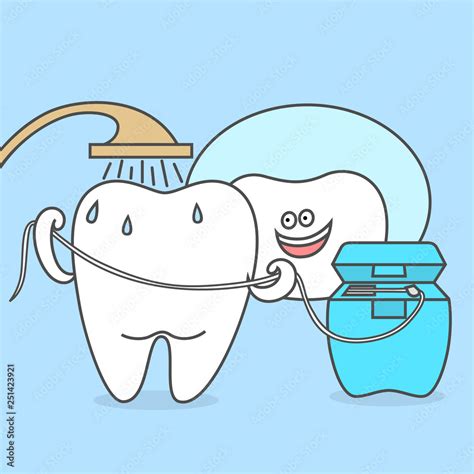 Cartoon tooth is taking a shower with dental floss, looking in the ...