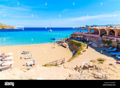 CALA COMTE BEACH, IBIZA ISLAND - MAY 17, 2017: view of sandy Cala Comte ...