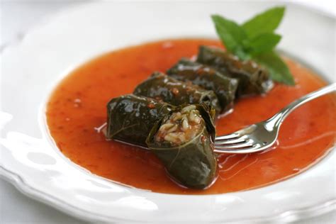 Vegetarian Stuffed Grape Leaves, Dolmades, in Fresh Tomato Sauce ...