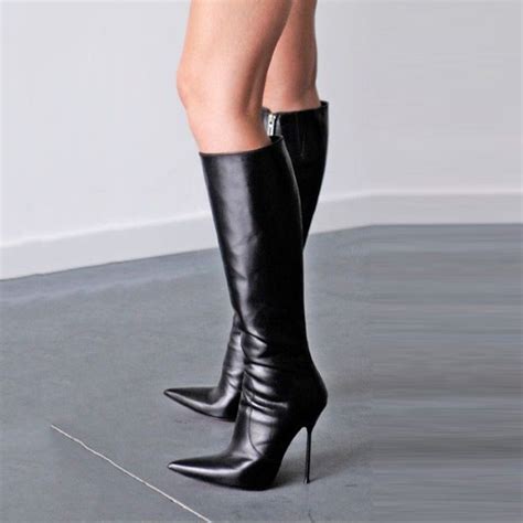 Shoespie Stylish Black Pointed Toe Stiletto Heel Knee High Boots ...