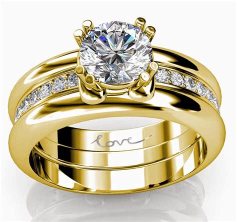 Trio Wedding Rings Sets Yellow Gold with Luxury Diamond