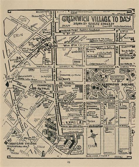 Hand-drawn map of Greenwich Village from 1925