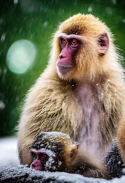 Premium Photo | Wild snow monkeys in winter against a background of ...