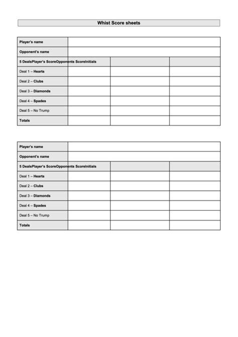 Whist Score Sheets printable pdf download