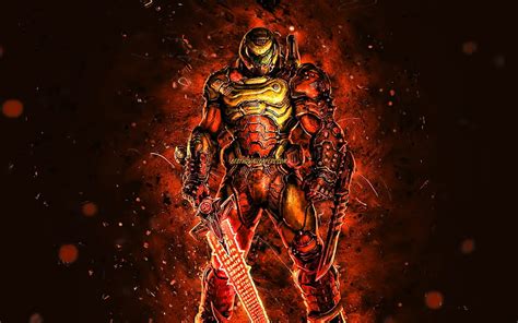 Doom Slayer, orange neon lights, Doom, protagonist, characters, Doomguy ...