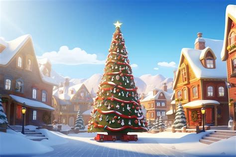 Premium AI Image | christmas tree in a snowy town.