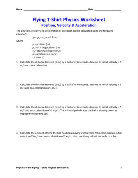 Position, Velocity & Acceleration Physics Worksheet