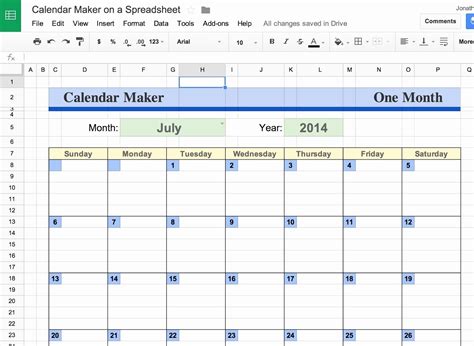 Calendar Templates Google Sheets