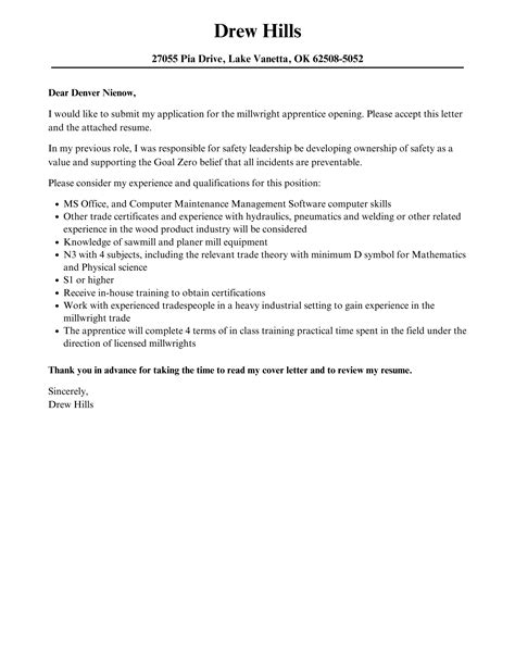 Millwright Apprentice Cover Letter | Velvet Jobs